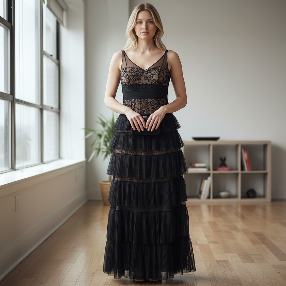 Black Lace and Tiered Pleated Tulle Evening Gown with Satin Waist Tie Whimsigoth